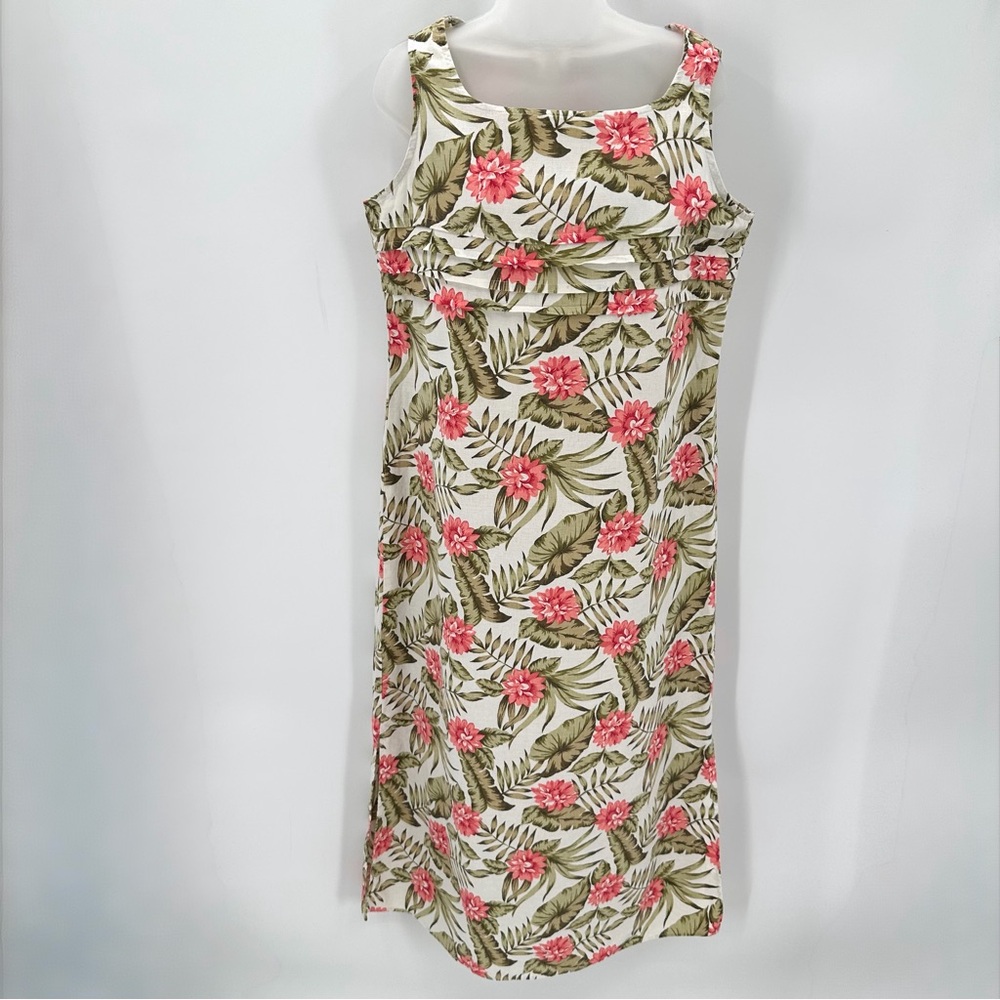 White Stag Dress L 12/14 Linen Blend Long Maxi Floral Sleeveless Shift VTG READ